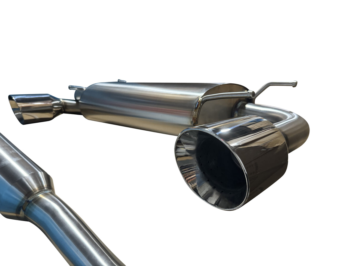JackSpania Racing catback exhaust for 2013-2020 Subaru BRZ, Scion FR-S, and AE86 with resonator muffler, showing polished metal parts.