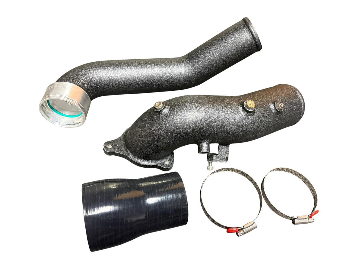 JackSpania Racing turbo charge pipe upgrade kit for BMW G20/G29 and Toyota GR Supra A90 B58 3.0L engine parts, metal and silicone components.
