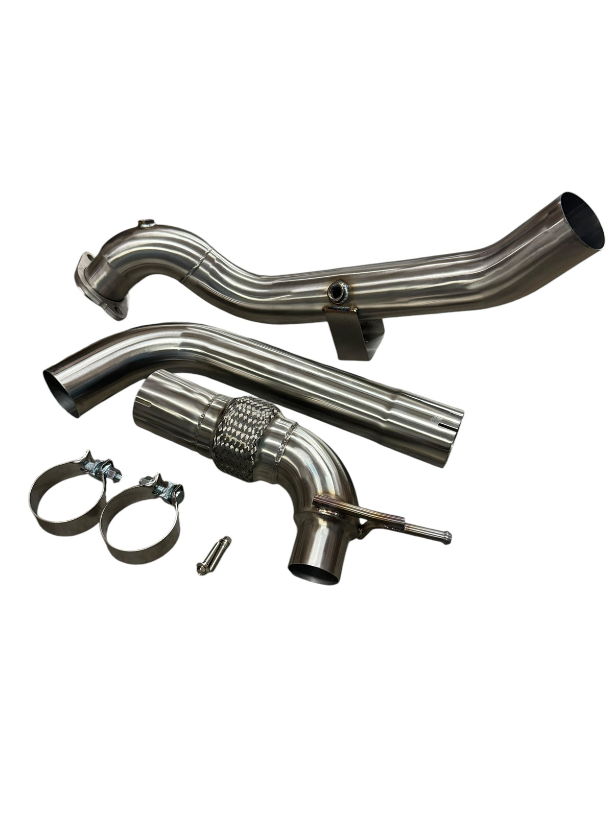 Stainless steel 3-inch downpipe for Ford Mustang EcoBoost 2.3T, compatible with 2015-2023 models, from JackSpania Racing exhaust parts.