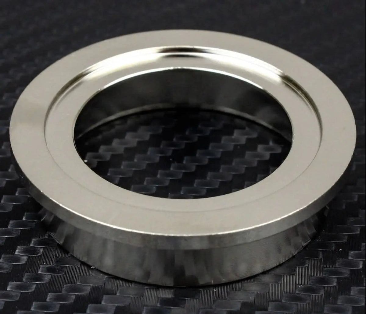 SS304 stainless steel wastegate turbo inlet flange with 38mm/44mm V-band for TiAL MVS/MVR, compatible with Jack Spania Racing engine parts.
