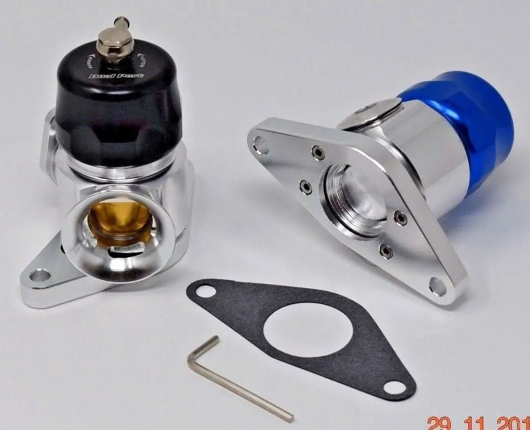Jack Spania Racing dual port hybrid blow off valve for Subaru WRX and STI turbo engines, installed on engine with visible components