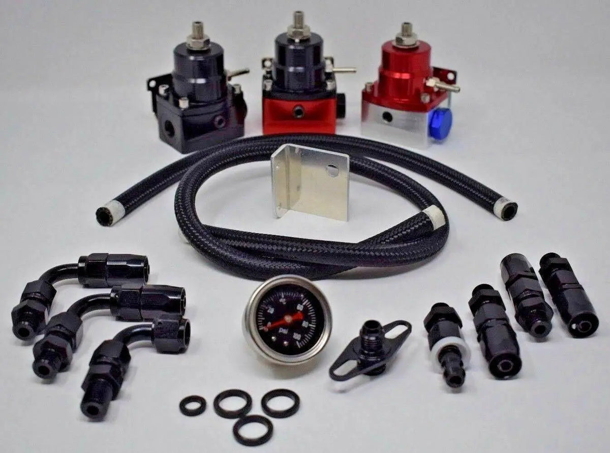 Adjustable EFI fuel pressure regulator kit with 160 PSI gauge, AN6 hose, and engine parts from Jack Spania Racing.