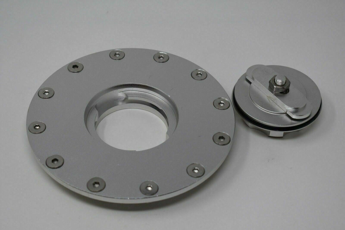 Jack Spania Racing replacement fuel cell gas tank filler cap with filler plate and fittings for engine fuel system.