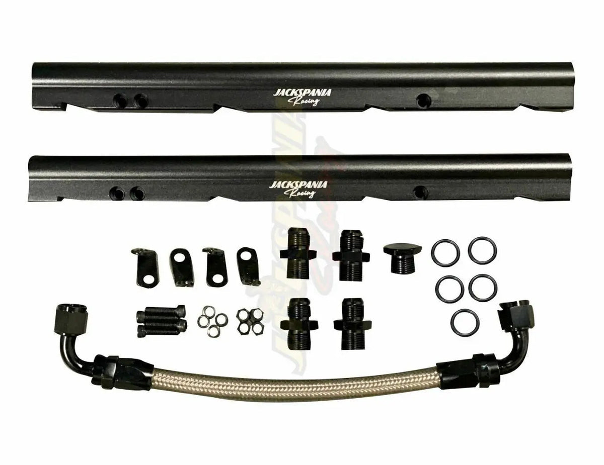 Jack Spania Racing billet OE LS fuel rail kit for GM LS1 LS2 LS6 V8 EFI engines on stock intake manifold with AN8 fittings.