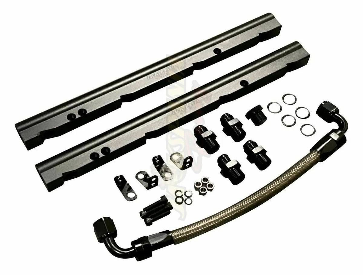 Billet OE LS fuel rail kit for GM LS1, LS2, LS6 V8 EFI engines with AN8 fittings, by Jack Spania Racing.