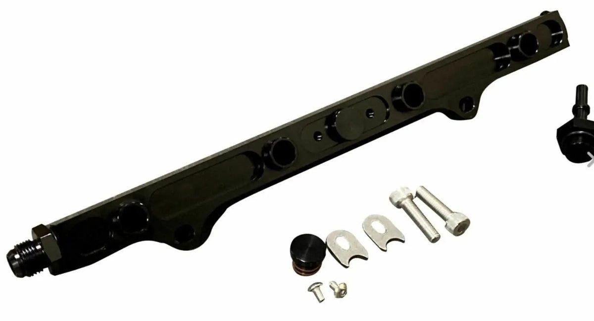 Jack Spania Racing K20 K24 fuel rail line kit for Acura RSX and Honda Civic Si, featuring AN6 hardline engine parts.