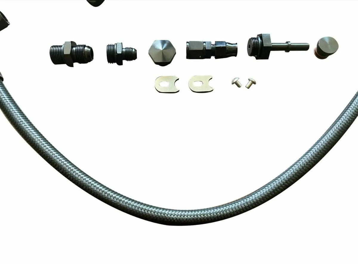 Jack Spania Racing K20 K24 fuel rail line kit for Acura RSX and Honda Civic Si, featuring AN6 hardlines and engine parts.