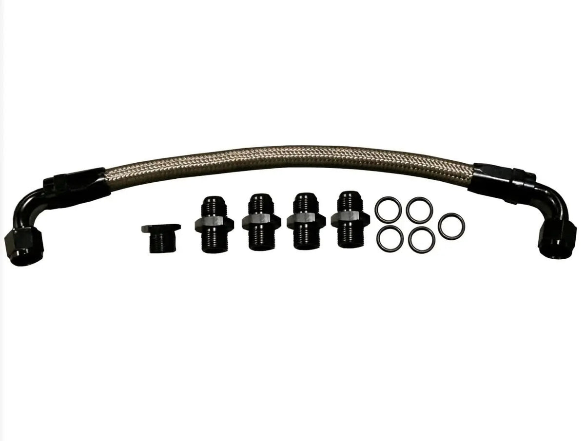 LS Crossover Fuel Line Kit with -6AN and -8AN fittings for LS1, LS2, LS3, LS6, LS7, LSX V8 engines, includes adapter fittings.