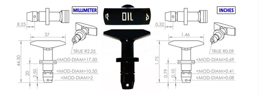 Black billet aluminum oil dipstick handle for Ford Mustang GT V8 LS engines from 1999-2011, by Jack Spania Racing.