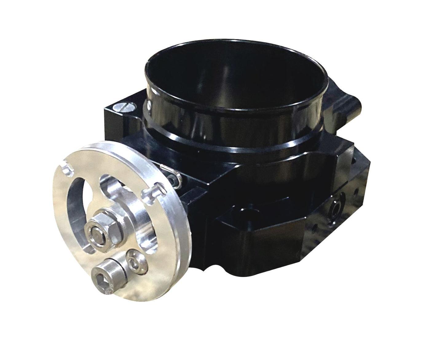 Jack Spania Racing B D F H Series 70mm Billet Throttle Body for engine performance, showing the polished metal construction and mounting points.