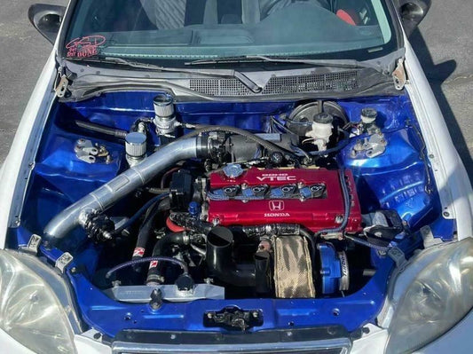 Jack Spania Racing B Series AC Line Tuck Kit installed in Honda Civic Si and Acura Integra DC2 B16 B18 B20 engine parts