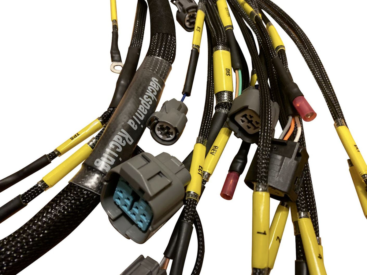 OBD2 D Series B Series tucked engine harness for Acura Integra DC 94-95 by Jack Spania Racing, showing detailed engine wiring components.