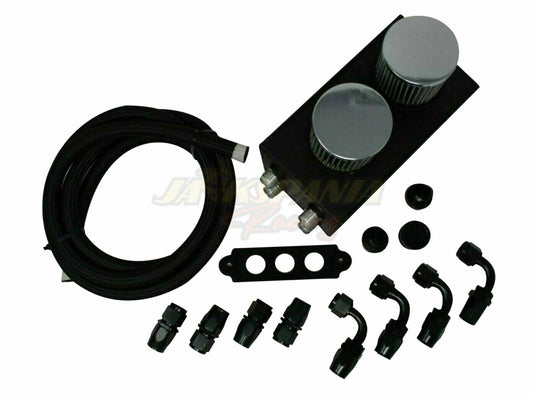Jack Spania Racing battery relocation oil catch can for EK, EG, CRX, DC2 Si Type R with 4-port 10AN hoses, engine parts accessory.