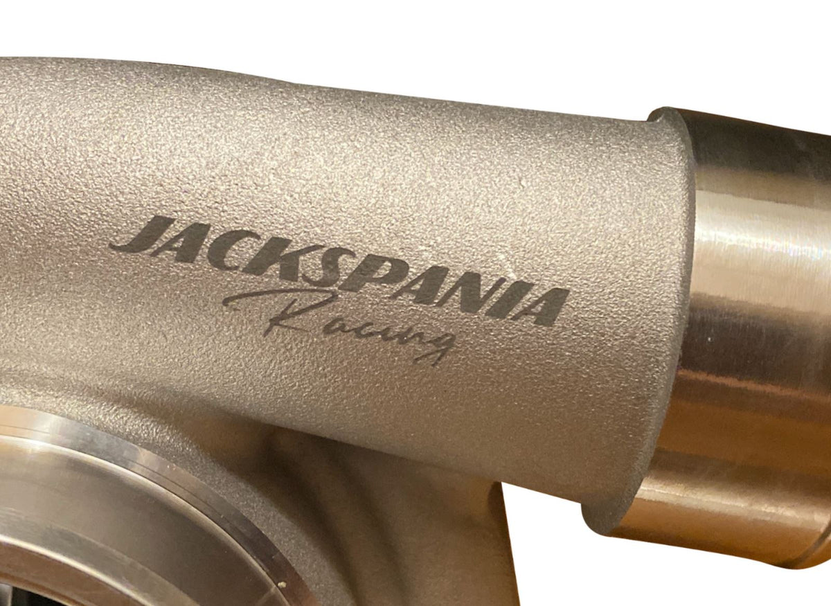 Jack Spania Racing GT3584RS billet wheel turbo with .82 A/R T3/T4 V-band turbine housing, anti-surge flat design for engine performance.