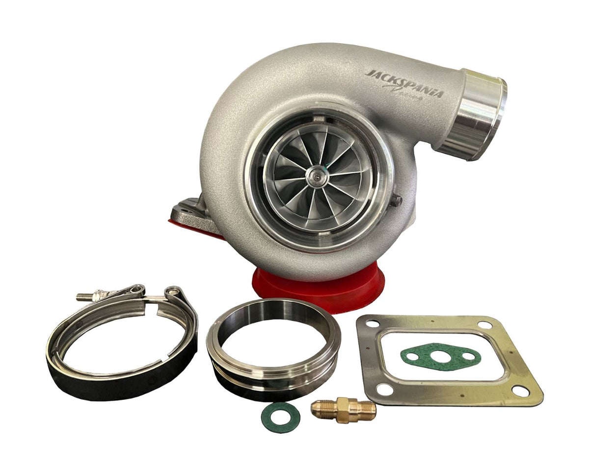 Jack Spania Racing GT3584RS billet wheel turbo with T3/T4 V-band turbine housing, .82 A/R, anti-surge design, engine part.