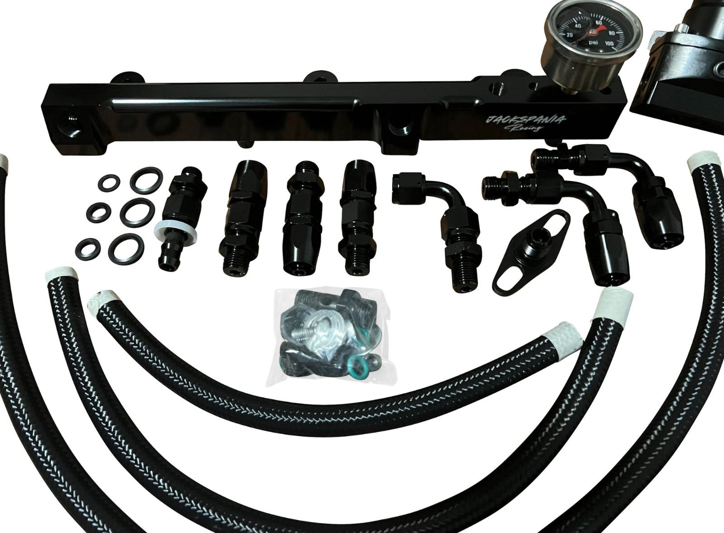 Jack Spania Racing H Series Tucked Fuel Pressure Regulator Gauge rail line installed in Honda Prelude engine for precise fuel management.