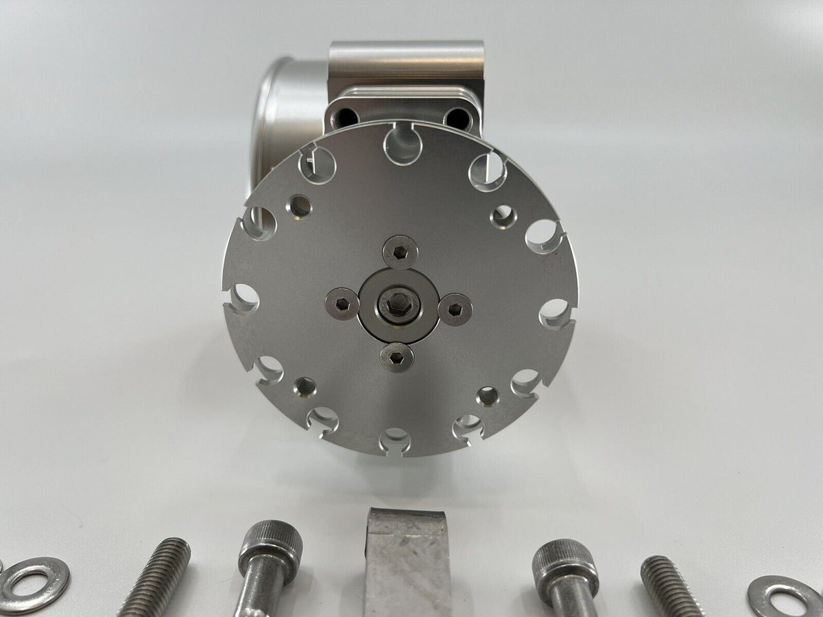 Jack Spania Racing 90mm throttle body with 4-inch hose coupling adapter for engine inlet, high-performance automotive part.