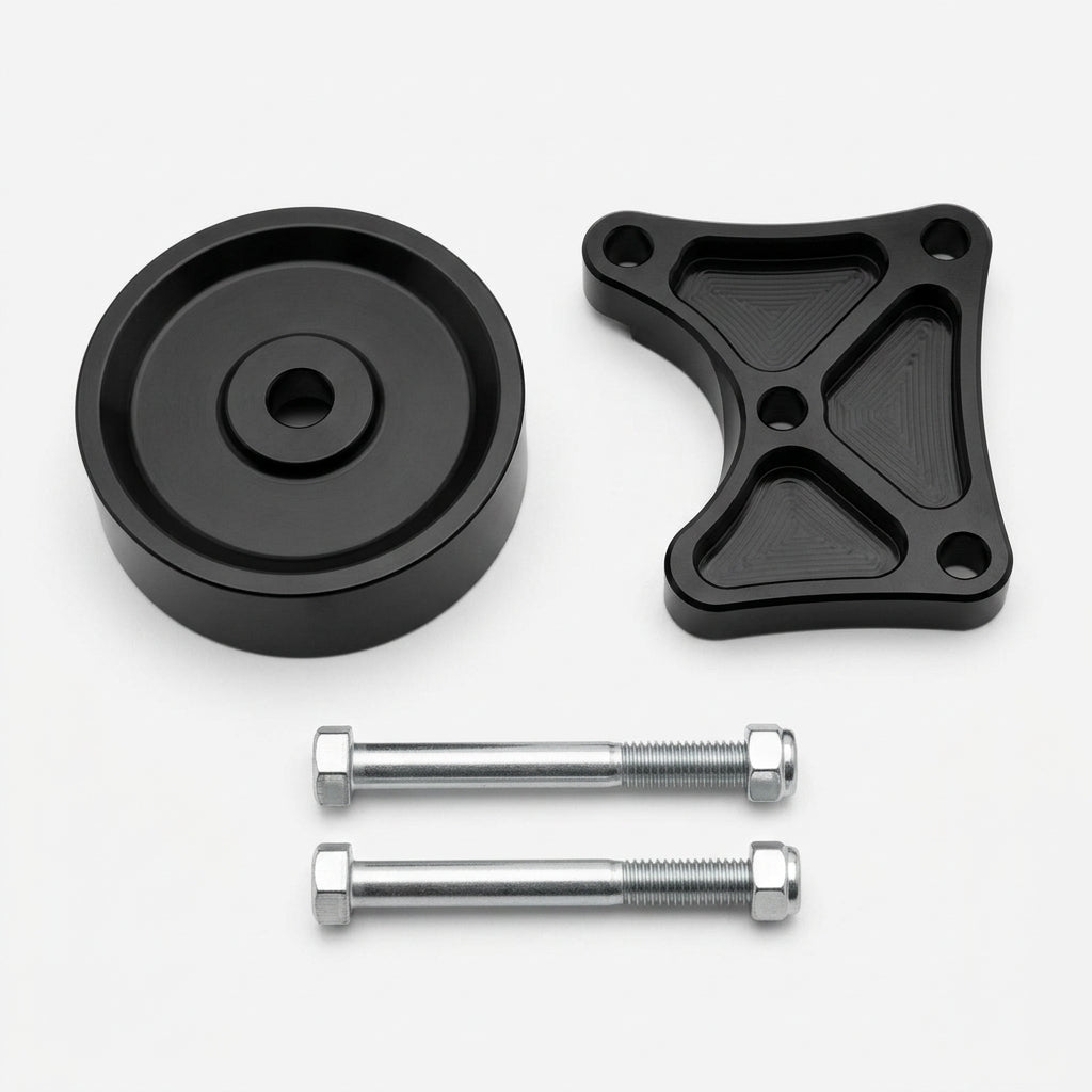 Jack Spania Racing K Series Idler Bracket Kit with power steering pump removal for K24A engines, includes pulley tensioner and JDM pulley.