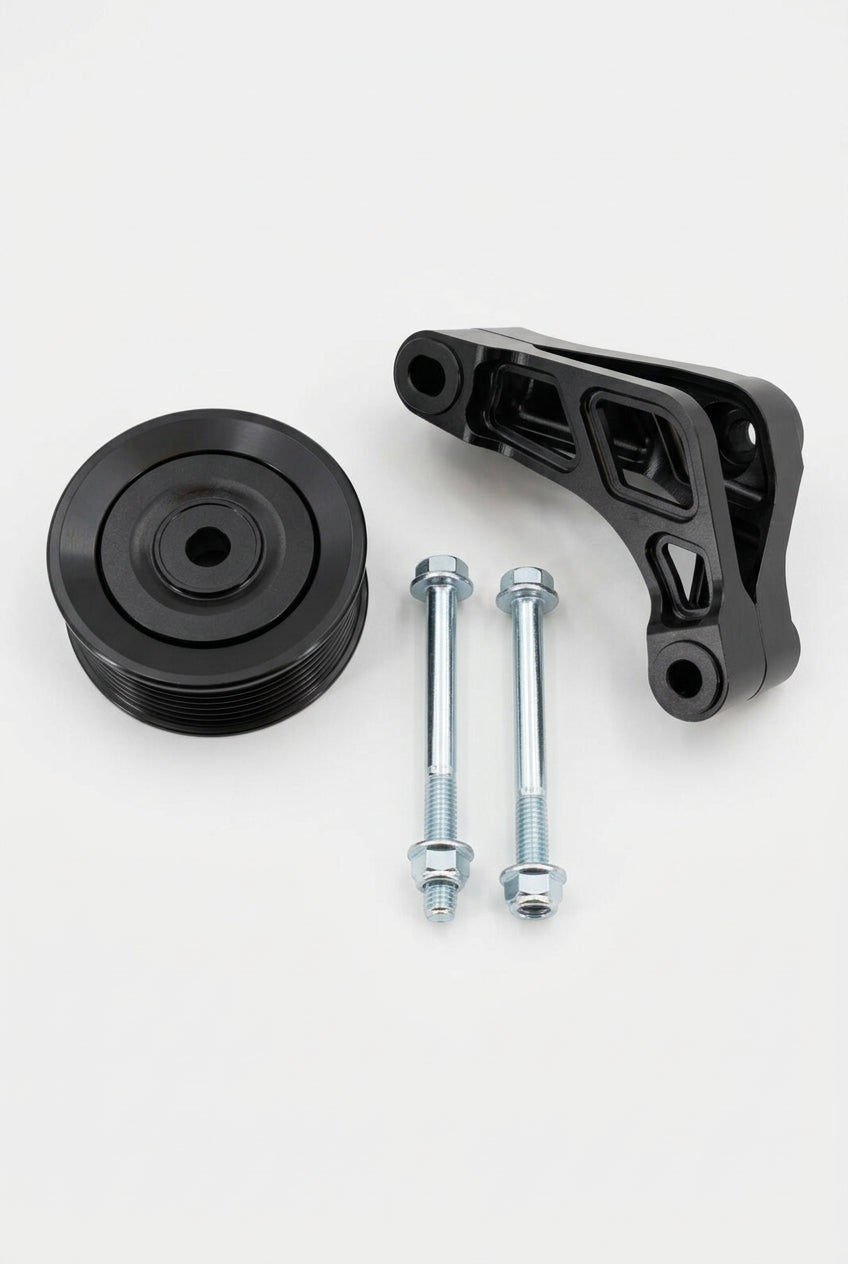 Jack Spania Racing K Series Idler Bracket Kit for K24A engine, includes pulleys and tensioner for power steering pump removal.