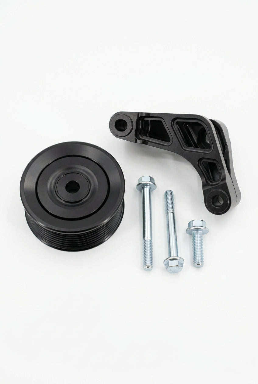 Jack Spania Racing K Series Idler Bracket Kit for K24A engine, includes pulley and tensioner for power steering pump removal.