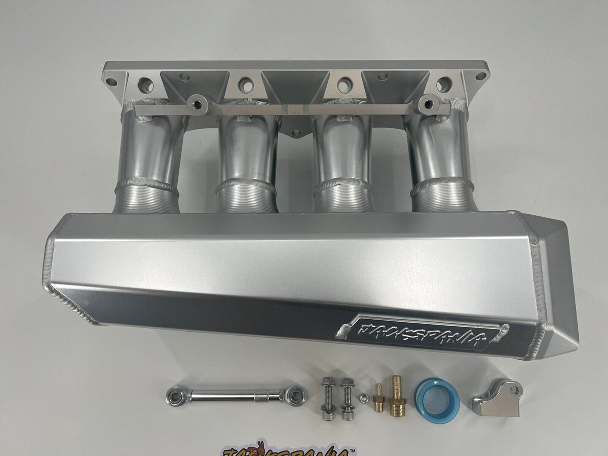 Jack Spania Racing 90mm Ultra Side Feed Intake Manifold for K Series K20 K24 engines, with plenum and intake ports visible.