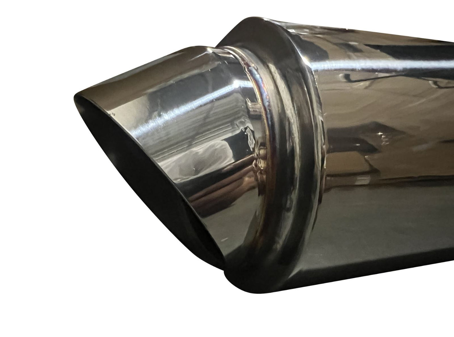 Polished stainless steel Jack Spania Racing dolphin muffler with 3-inch inlet and 3.5-inch outlet for universal exhaust systems.