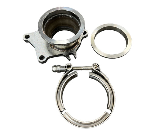 Jack Spania Racing turbo exhaust flange to 2.5" and 3" conversion adapter with V-band flange clamp and 5-bolt T3 T4 kit