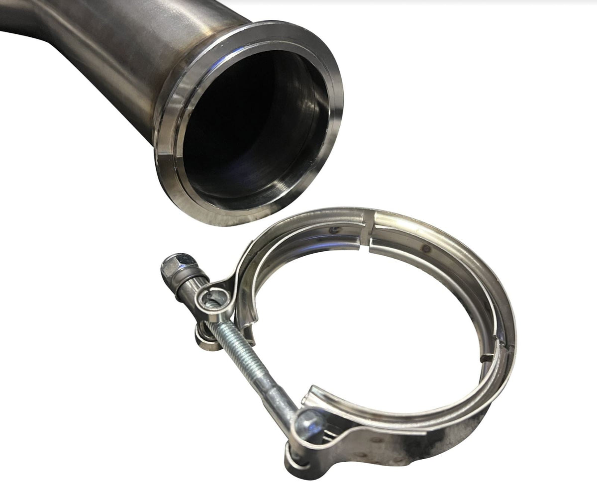 Stainless steel Turn Down Dolphin Muffler with 3-inch pipe and V-band clamp, compatible with Jack Spania Racing exhaust systems.