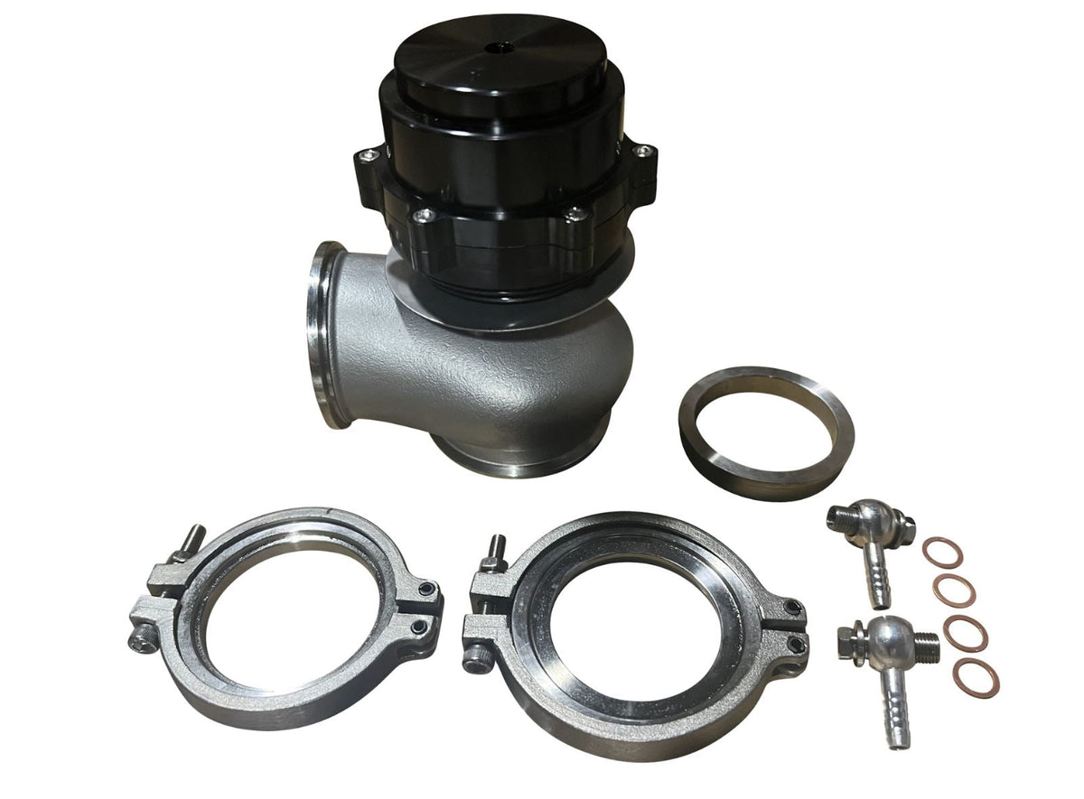 Universal 60mm V-band flange clamp for wastegate EWG, engine part by JackSpania Racing, showing metal flange and clamp components.