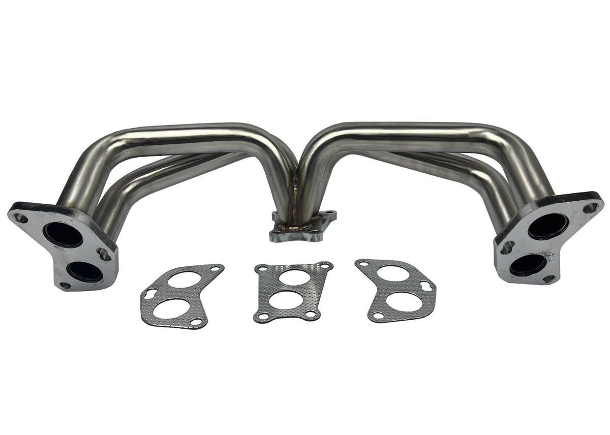 Equal length header big tube turbo manifold for Subaru WRX, by JackSpania Racing, showing polished metal exhaust parts.