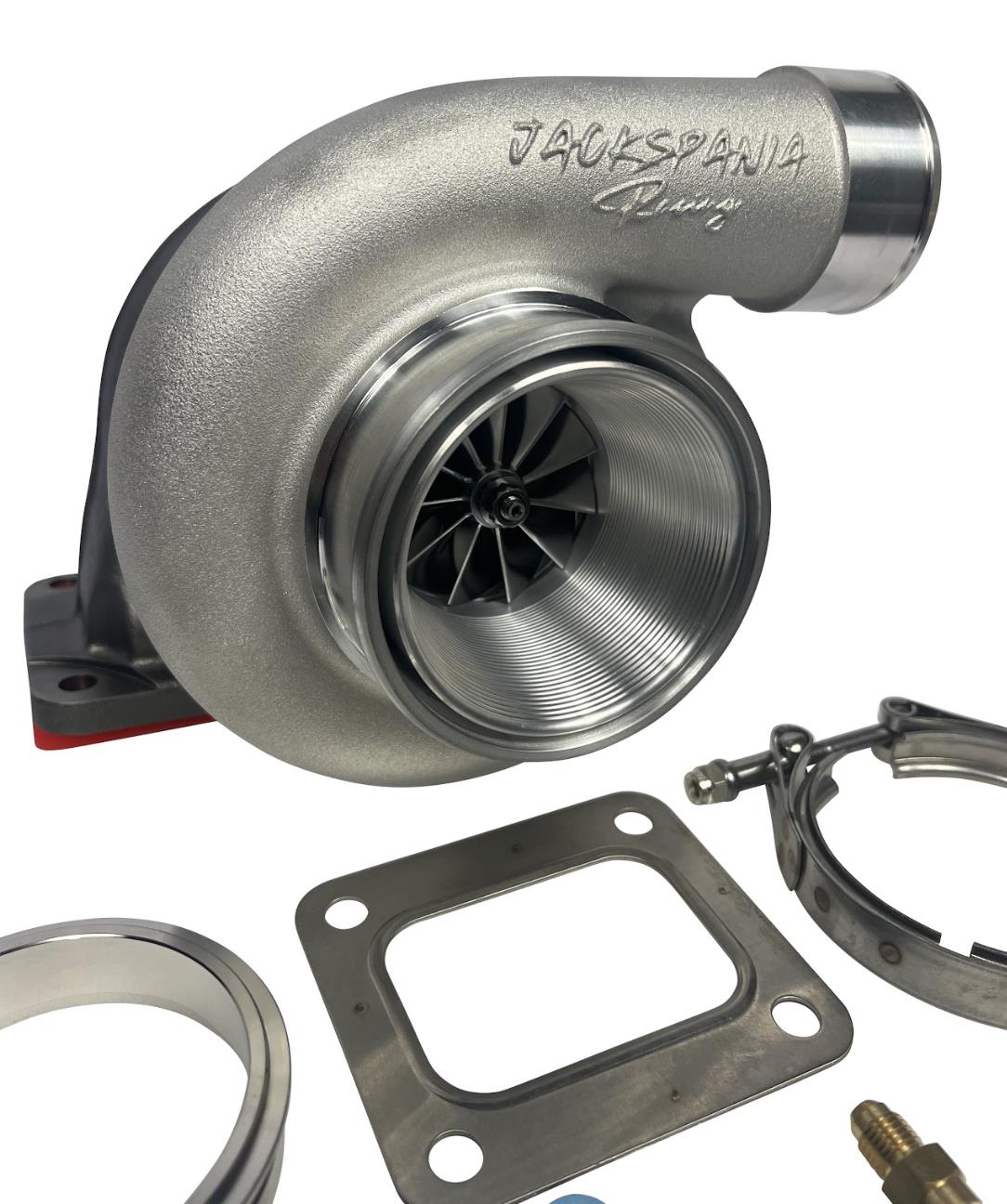 JackSpania Racing GT35 GTX3582 billet ball bearing turbo with T4 V-band housing and T51R mod, 0.82 A/R for engine performance.