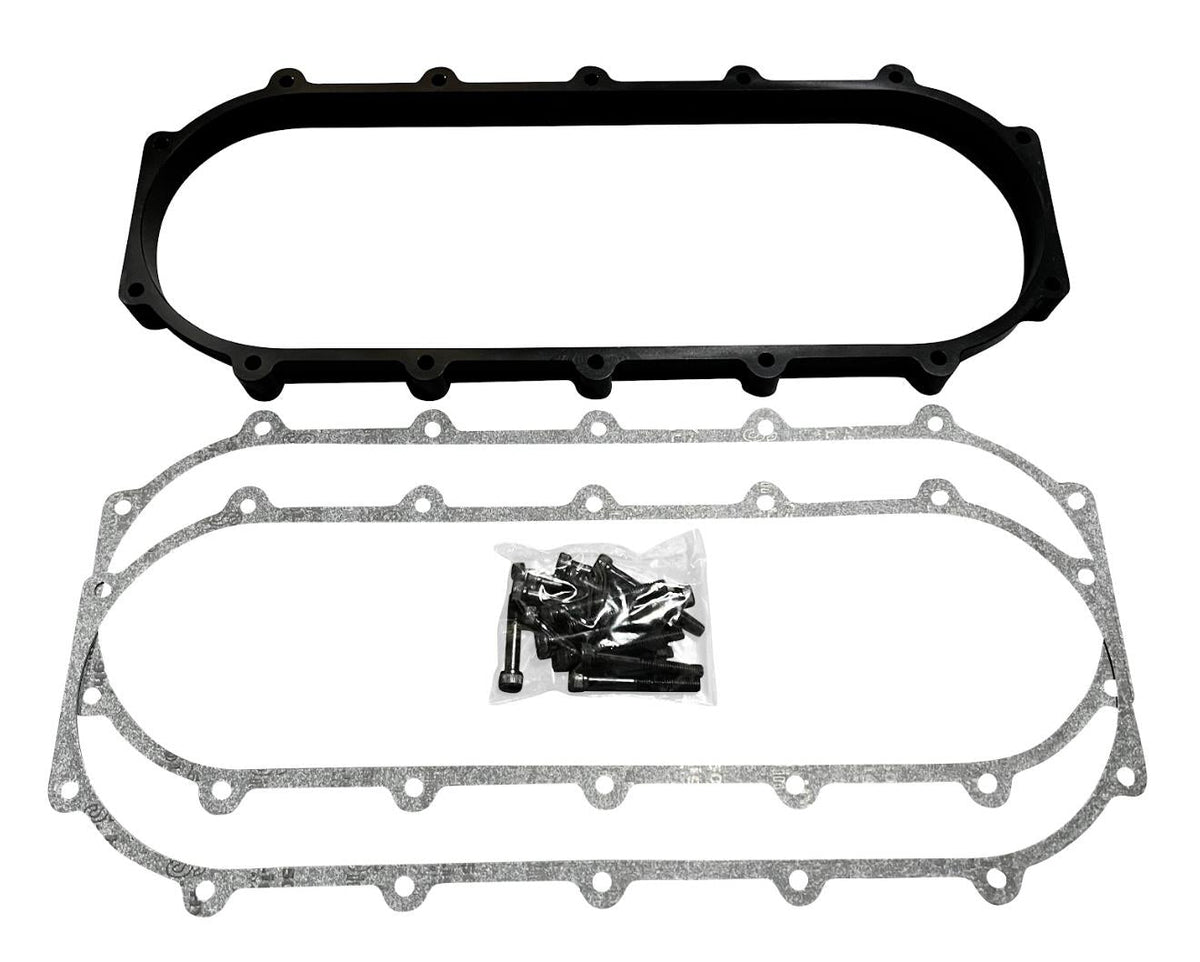 JackSpania Racing billet 0.5L plenum spacer plate for Skunk2 Ultra Street intake manifold on engine part, detailed metal component.