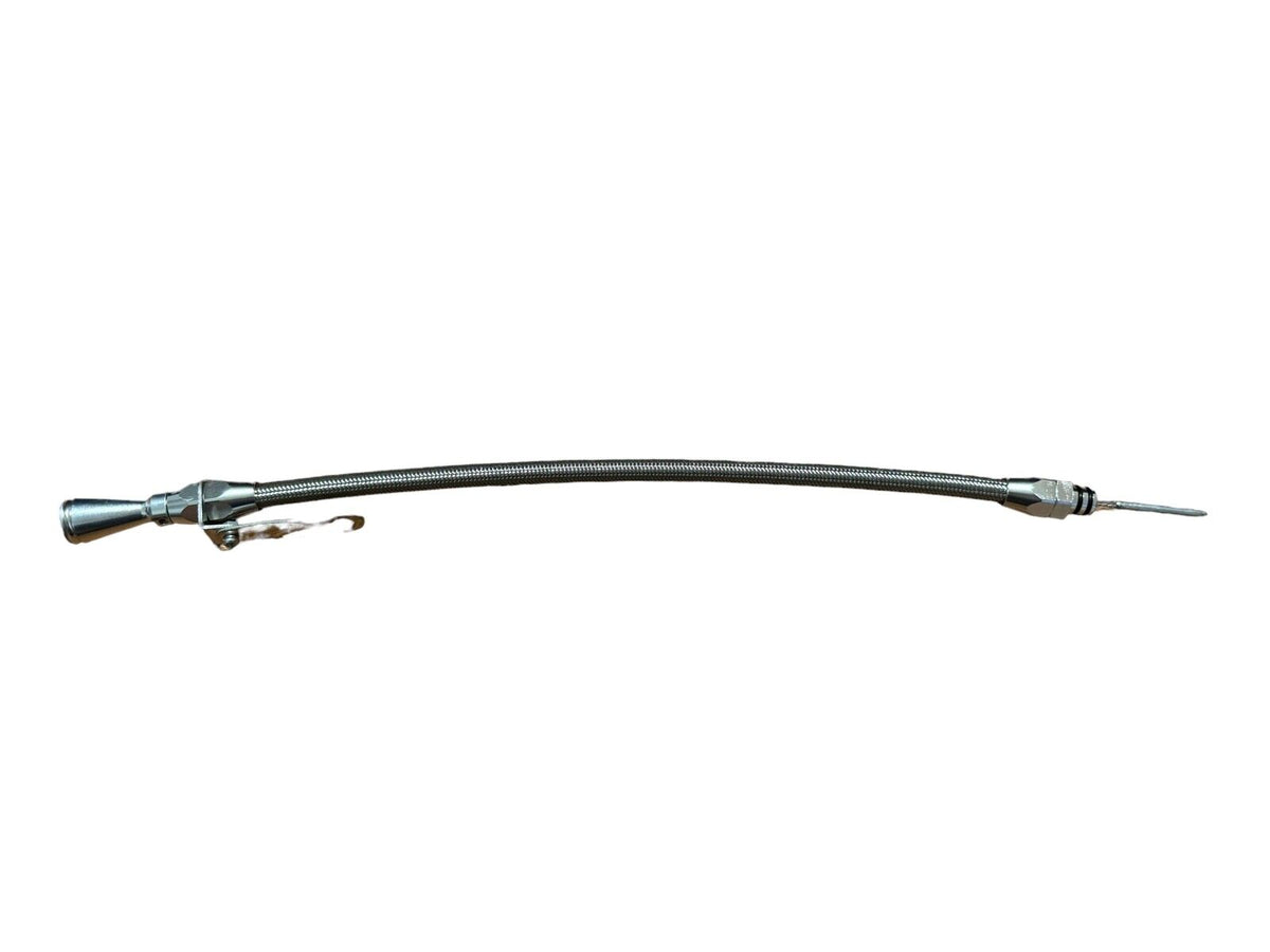 Billet aluminum JZ engine steel braided oil dipstick for 1JZ and 2JZ Supra swaps, by JackSpania Racing.