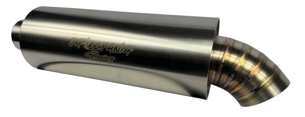 Stainless steel 2.5" and 3" inlet turn down pie cut dolphin muffler exhaust part by JackSpania Racing, showing the polished metal surface.