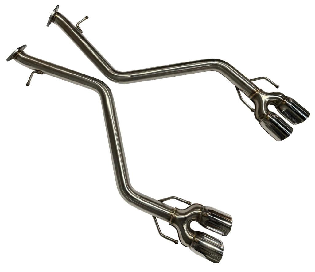 Quad tip axle back delete exhaust muffler for Lexus IS300, IS350, RC200t, RC300 by JackSpania Racing, showing chrome tips and exhaust pipes.