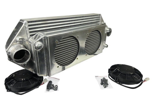 JackSpania Racing backdoor front mount intercooler with dual 3-inch pipes and full-size radiator, exterior view with 16AN fittings