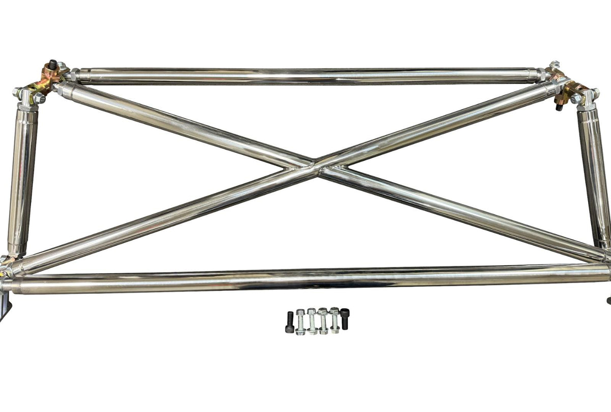 Polished tubular multipoint crossbar for Honda Civic EG6 1992-1995, suspension parts by JackSpania Racing, shown installed in vehicle.