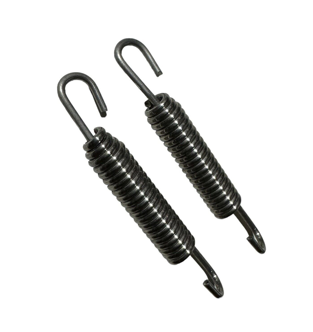 Two 80mm stainless steel exhaust springs with swivel hooks for exterior use, by JackSpania Racing.