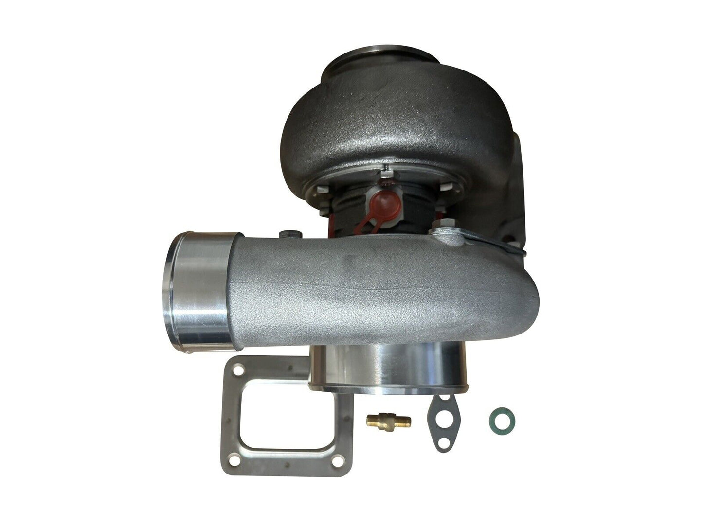 JackSpania Racing turbocharger with billet T4 flange, GTX3584RS turbine, reverse mirror design, and V-band turbine housing.