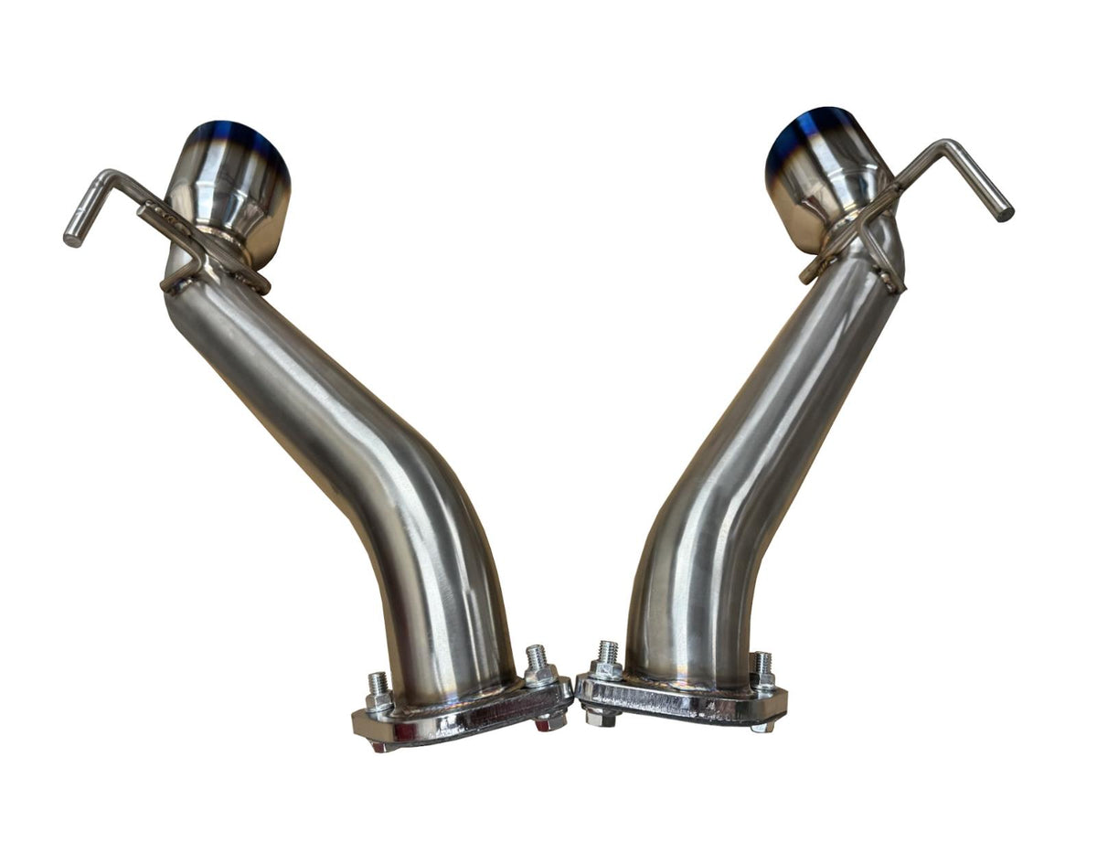Burnt stainless steel axle back exhaust for Nissan 370Z Z34 2009-2021 by JackSpania Racing, showing the polished exhaust tips and piping.