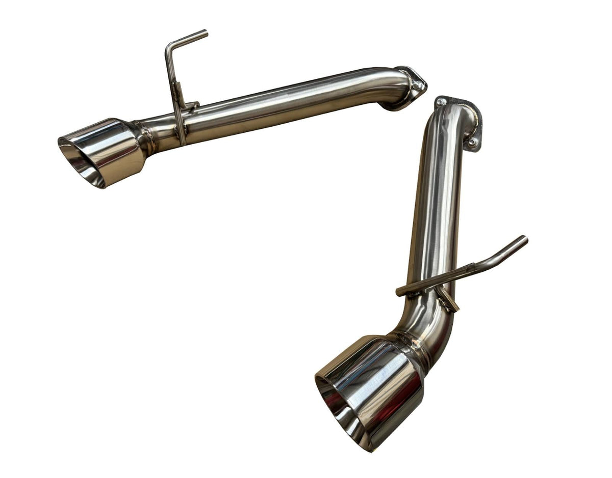 Stainless steel axle back exhaust for Nissan 370Z Z34 from JackSpania Racing, showing polished exhaust tips and piping.