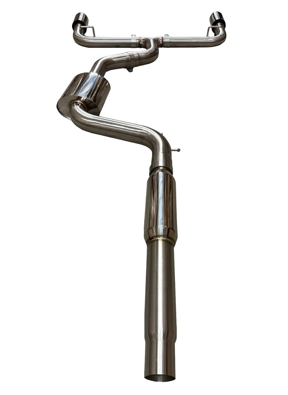 Stainless steel dual catback exhaust muffler for 2015-2017 VW Golf GTI 2.0L Turbo MK7 by JackSpania Racing, showing the polished pipes.