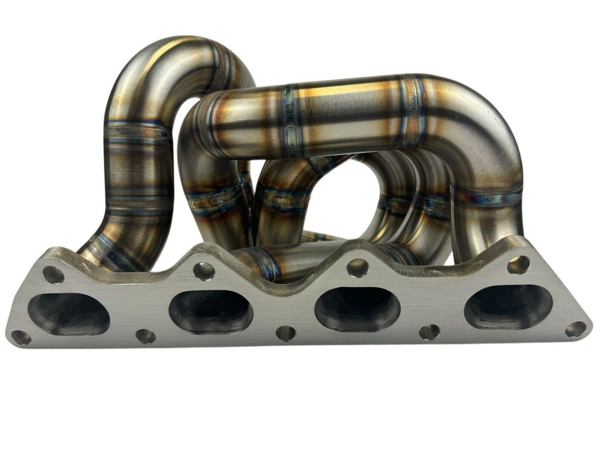 316SS tubular turbo manifold for Evo 7-9 with 44mm wastegate, V-band, compatible with Garrett G25 G30, by JackSpania Racing.