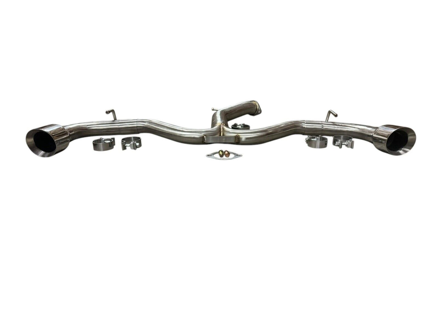 Stainless steel axle back exhaust for Hyundai Elantra GT 2018-2020 and i30 2017-2021, by JackSpania Racing, showing polished exhaust tips.