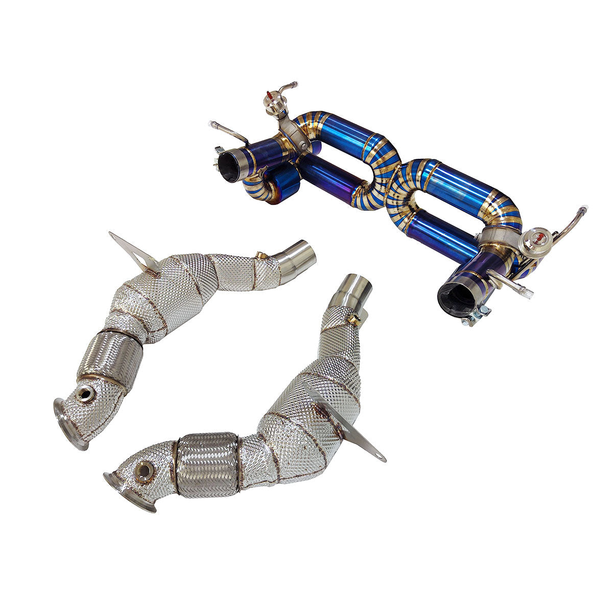 Ferrari 488 GTB titanium valved exhaust system by JackSpania Racing, showcasing polished metal exhaust pipes and valves.