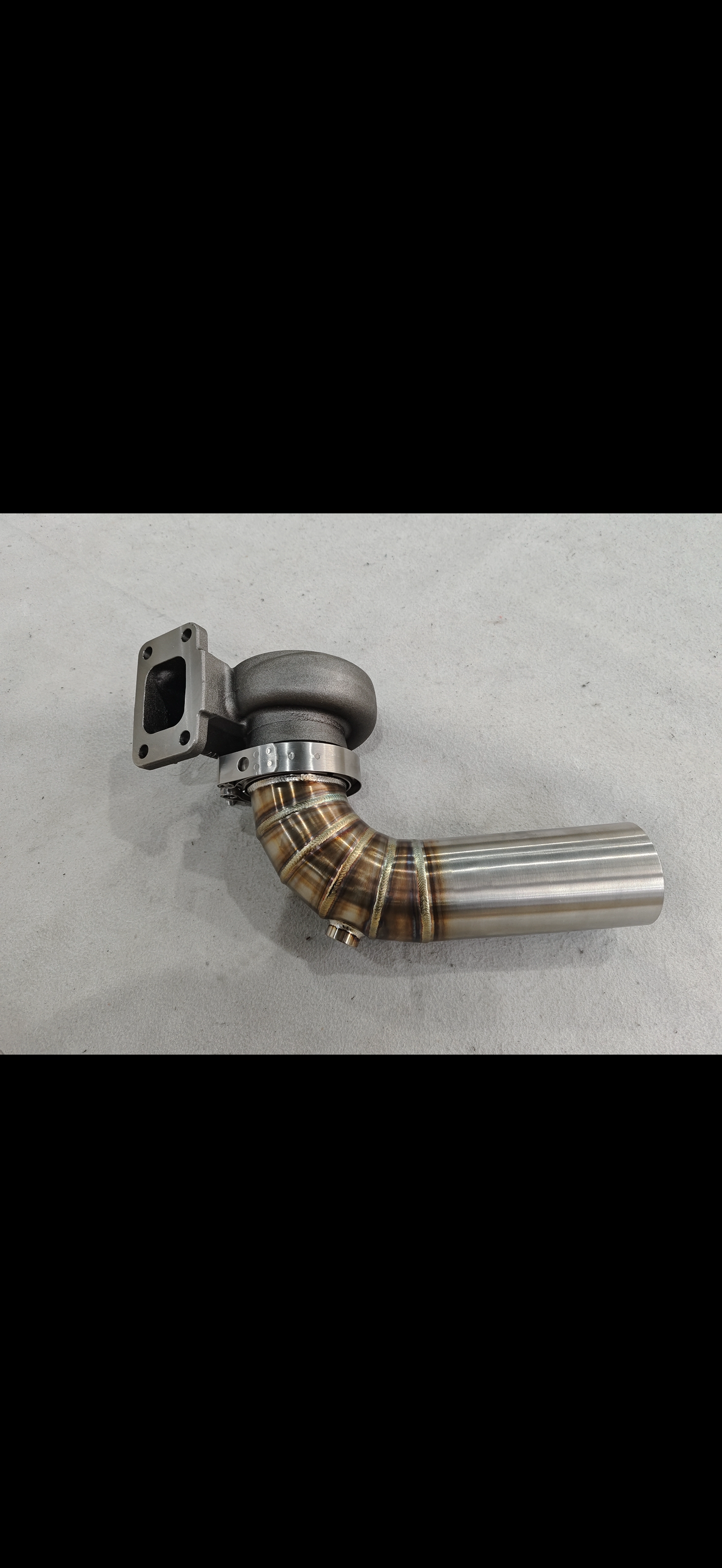 JackSpania Racing 3-inch downpipe with V-band flange, turbo exhaust pipe, and O2 bung for Garrett, Holset, BorgWarner turbos.
