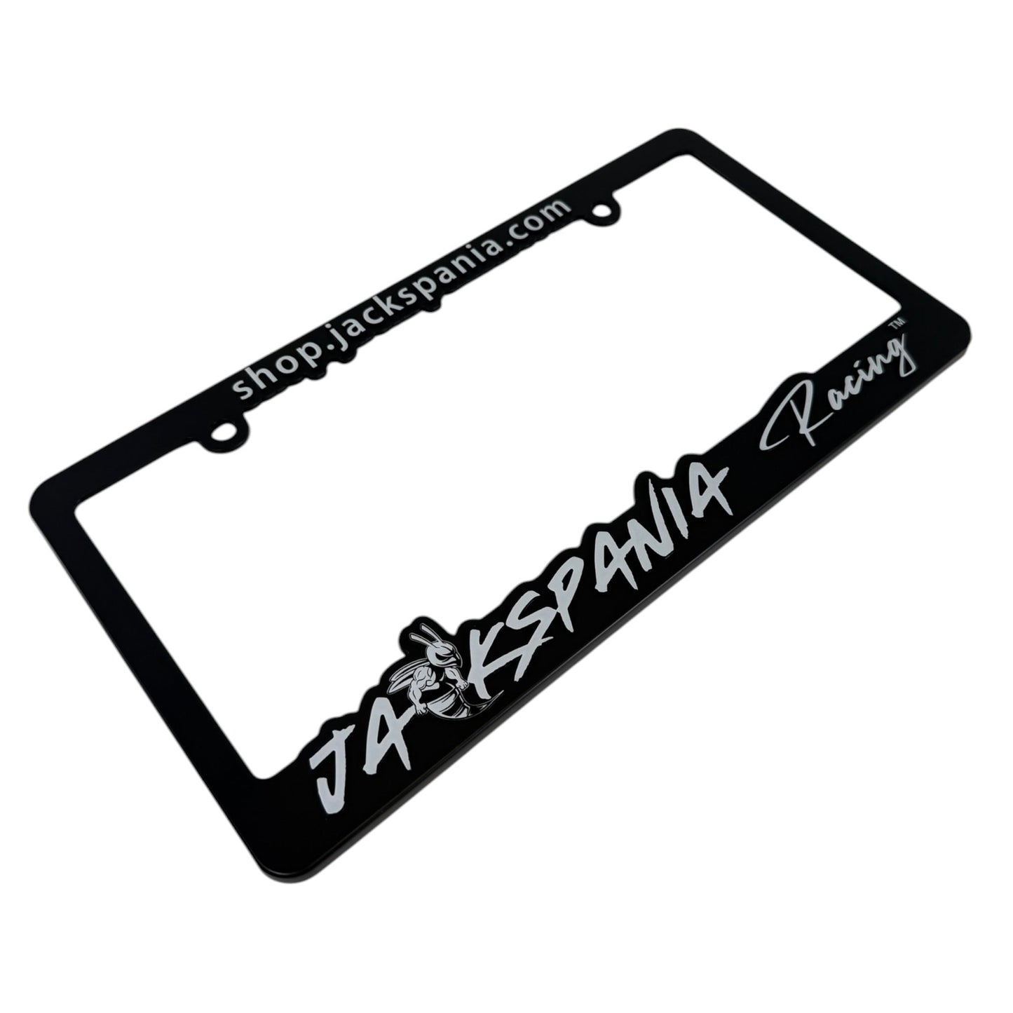 JackSpania Racing license plate cover with racing logo and bold design, made of durable material for car customization.