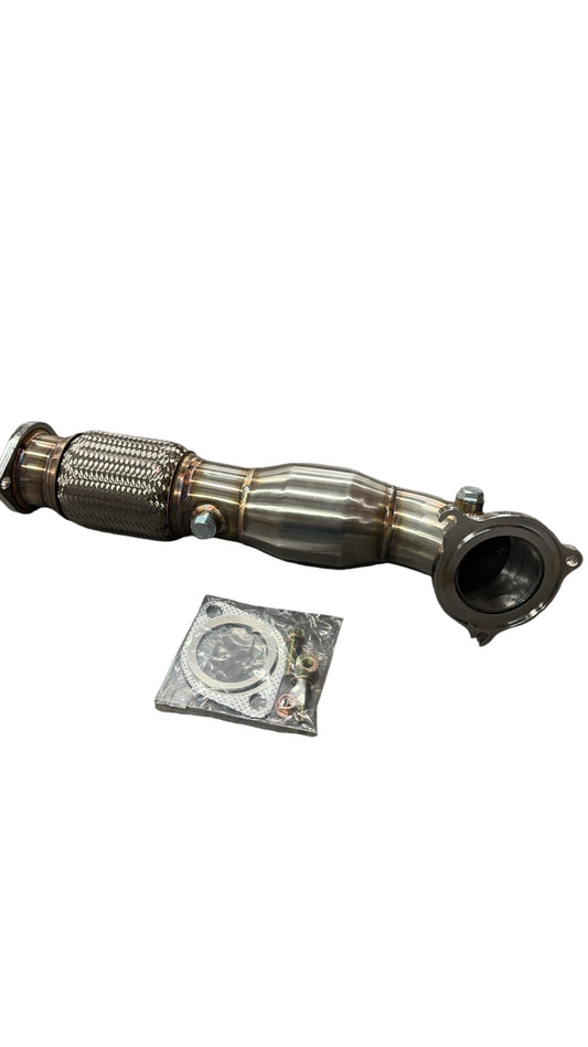 JackSpania Racing 3-inch catted downpipe for 2014+ Ford Fiesta ST, made of stainless steel exhaust part with flanged ends.