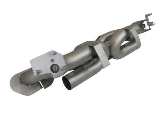 Titanium valved sport exhaust system for Porsche 992 Carrera and Turbo by JackSpania Racing, showing polished exhaust pipes and valves.
