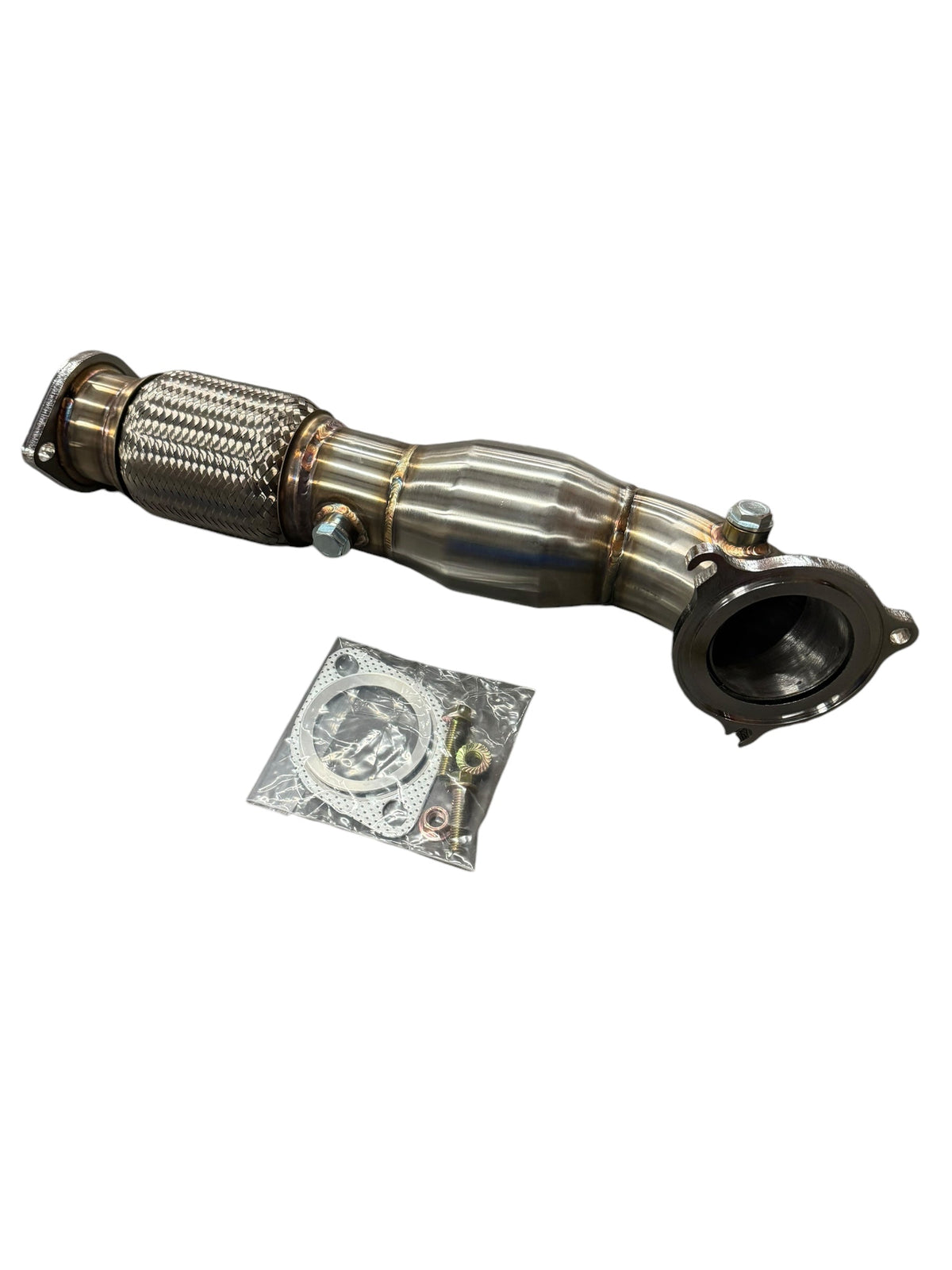 Ford Fiesta ST 2014+ catted 3-inch downpipe by JackSpania Racing, made of durable 304 stainless steel for exhaust upgrade.